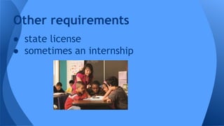 Other requirements 
● state license 
● sometimes an internship 
 