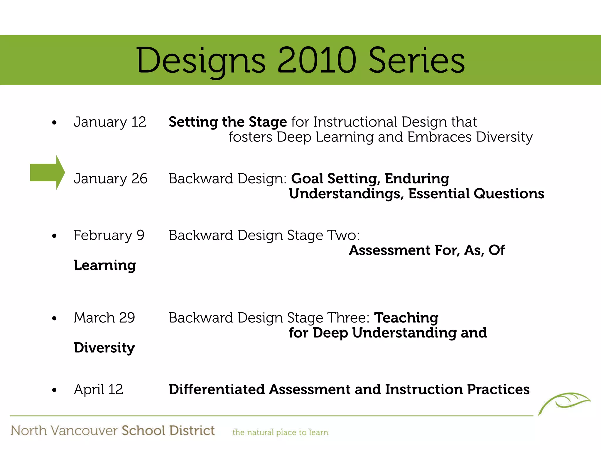 Designs 2010 Series
•   January 12   Setting the Stage for Instructional Design that
                          fosters Deep Learning and Embraces Diversity

•   January 26   Backward Design: Goal Setting, Enduring
                                 Understandings, Essential Questions

•   February 9   Backward Design Stage Two:
                                         Assessment For, As, Of
    Learning


•   March 29     Backward Design Stage Three: Teaching
                                 for Deep Understanding and
    Diversity

•   April 12     Diﬀerentiated Assessment and Instruction Practices
 