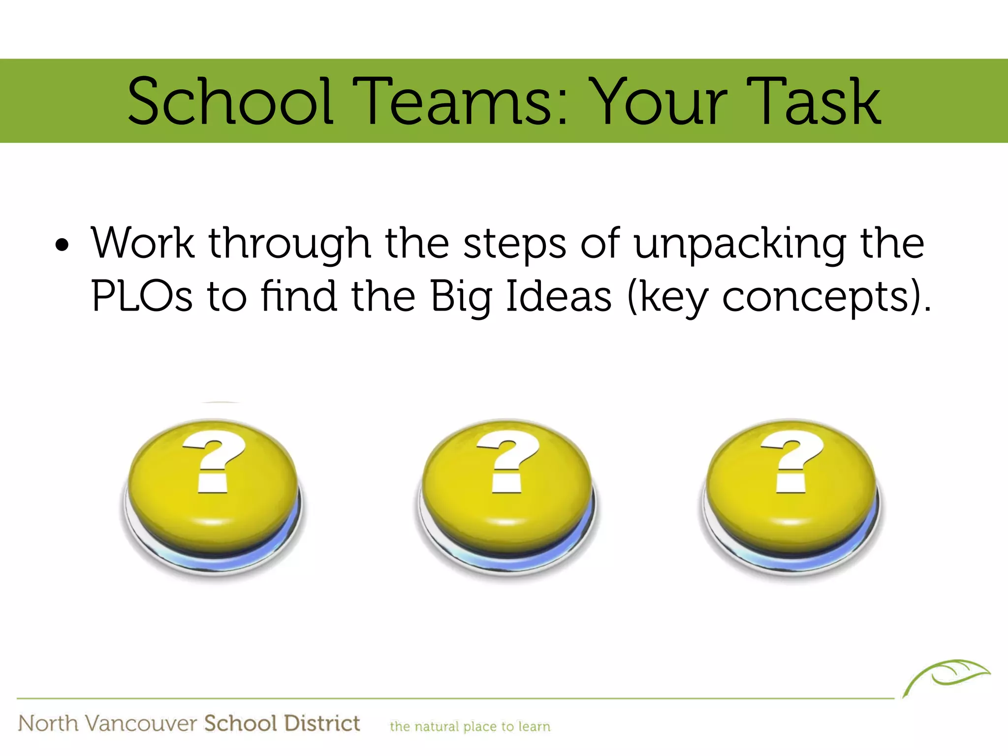 School Teams: Your Task
• Work through the steps of unpacking the
  PLOs to ﬁnd the Big Ideas (key concepts).
 