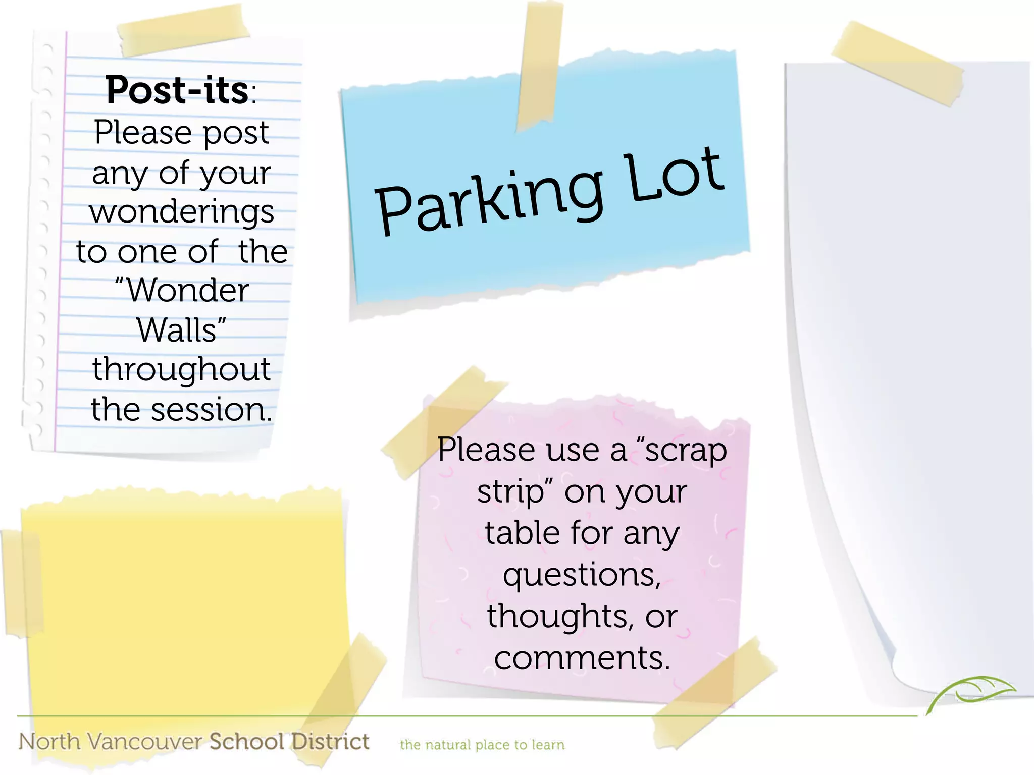 Post-its:
 Please post
 any of your
 wonderings     Parkin g Lot
to one of the
   “Wonder
    Walls”
 throughout
 the session.
                  Please use a “scrap
                     strip” on your
                     table for any
                       questions,
                      thoughts, or
                       comments.
 