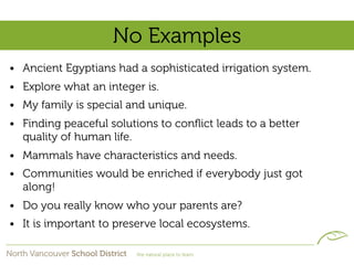 No Examples
• Ancient Egyptians had a sophisticated irrigation system.
• Explore what an integer is.
• My family is special and unique.
• Finding peaceful solutions to conﬂict leads to a better
  quality of human life.
• Mammals have characteristics and needs.
• Communities would be enriched if everybody just got
  along!
• Do you really know who your parents are?
• It is important to preserve local ecosystems.
 