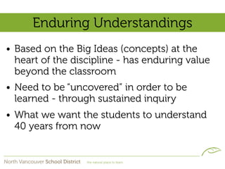 Enduring Understandings
• Based on the Big Ideas (concepts) at the
  heart of the discipline - has enduring value
  beyond the classroom
• Need to be “uncovered” in order to be
  learned - through sustained inquiry
• What we want the students to understand
  40 years from now
 