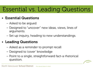 Essential vs. Leading Questions
• Essential Questions
  – Asked to be argued
  – Designed to “uncover” new ideas, views, lines of
    arguments.
  – Set up inquiry, heading to new understandings.

• Leading Questions
  – Asked as a reminder to prompt recall
  – Designed to ‘cover’ knowledge
  – Point to a single, straightforward fact-a rhetorical
    question.
 