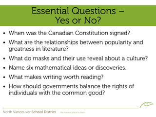 Essential Questions –
               Yes or No?
• When was the Canadian Constitution signed?
• What are the relationships between popularity and
  greatness in literature?
• What do masks and their use reveal about a culture?
• Name six mathematical ideas or discoveries.
• What makes writing worth reading?
• How should governments balance the rights of
  individuals with the common good?
 