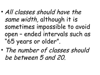 • All classes should have the
  same width, although it is
  sometimes impossible to avoid
  open – ended intervals such as
  “65 years or older”.
• The number of classes should
  be between 5 and 20.
 