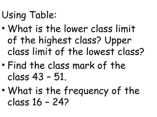 Using Table:
• What is the lower class limit
  of the highest class? Upper
  class limit of the lowest class?
• Find the class mark of the
  class 43 – 51.
• What is the frequency of the
  class 16 – 24?
 
