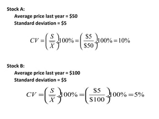 Stock A:
   Average price last year = $50
   Standard deviation = $5

               S             $5 
          CV =       ÷100% =      ÷100% = 10%
               X             $50 

Stock B:
   Average price last year = $100
   Standard deviation = $5

             S               $5 
        CV =         ÷100% =       ÷100% = 5%
             X               $100 
 