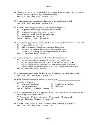 Page 25
Chapter 2
55. Graphs give a visual representation that may enable readers to analyze and interpret data
more easily than simply looking at tables of numbers.
Ans: True Difficulty: Easy Section: 2.2
56. A time series graph represents data that occur over a specific time period.
Ans: True Difficulty: Easy Section: 2.3
57. A Pareto chart does not have which of the following properties?
A) frequencies displayed by the heights of vertical bars
B) frequencies arranged from highest to lowest
C) quantitative variable on the horizontal axis
D) classes of data are categorical
Ans: C Difficulty: Easy Section: 2.3
58. A pie graph is not useful in showing which of the following characteristics of a data set?
A) frequency changes over time
B) relative frequencies for each category in the distribution
C) categories that make up the largest proportions of the total
D) categories that make up the smallest proportions of the total
Ans: A Difficulty: Easy Section: 2.3
59. A time series graph is useful for which of the following purposes?
A) representing relative frequencies of categories at a specific time
B) representing the cumulative frequencies of the data at a specific time
C) representing the frequencies of the data, sorted from largest to smallest
D) representing the changing frequencies of a data category over a period time
Ans: D Difficulty: Easy Section: 2.3
60. A time series graph is useful for detecting trends that occur over the period of time.
Ans: True Difficulty: Easy Section: 2.3
61. When making Pareto charts, data should be arranged
according to frequency.
A) from smallest to largest C) from largest to smallest
B) with increasing time D) clockwise
Ans: C Difficulty: Moderate Section: 2.3
62. Which graph should be used to represent the frequencies with which certain courses are
taken at Highlands Middle School?
A) Pareto chart B) time series graph C) pie graph D) pictograph
Ans: A Difficulty: Moderate Section: 2.3
63. A Pareto chart arranges data from largest to smallest according to frequencies.
Ans: True Difficulty: Easy Section: 2.3
 
