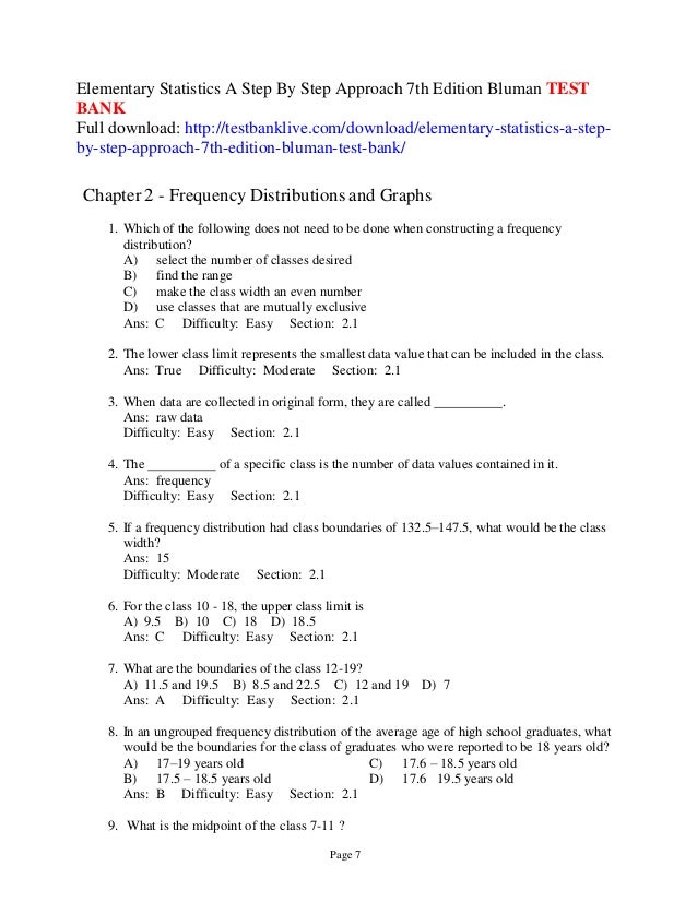 Elementary Statistics A Step Step Approach 7th Edition Bluman Test