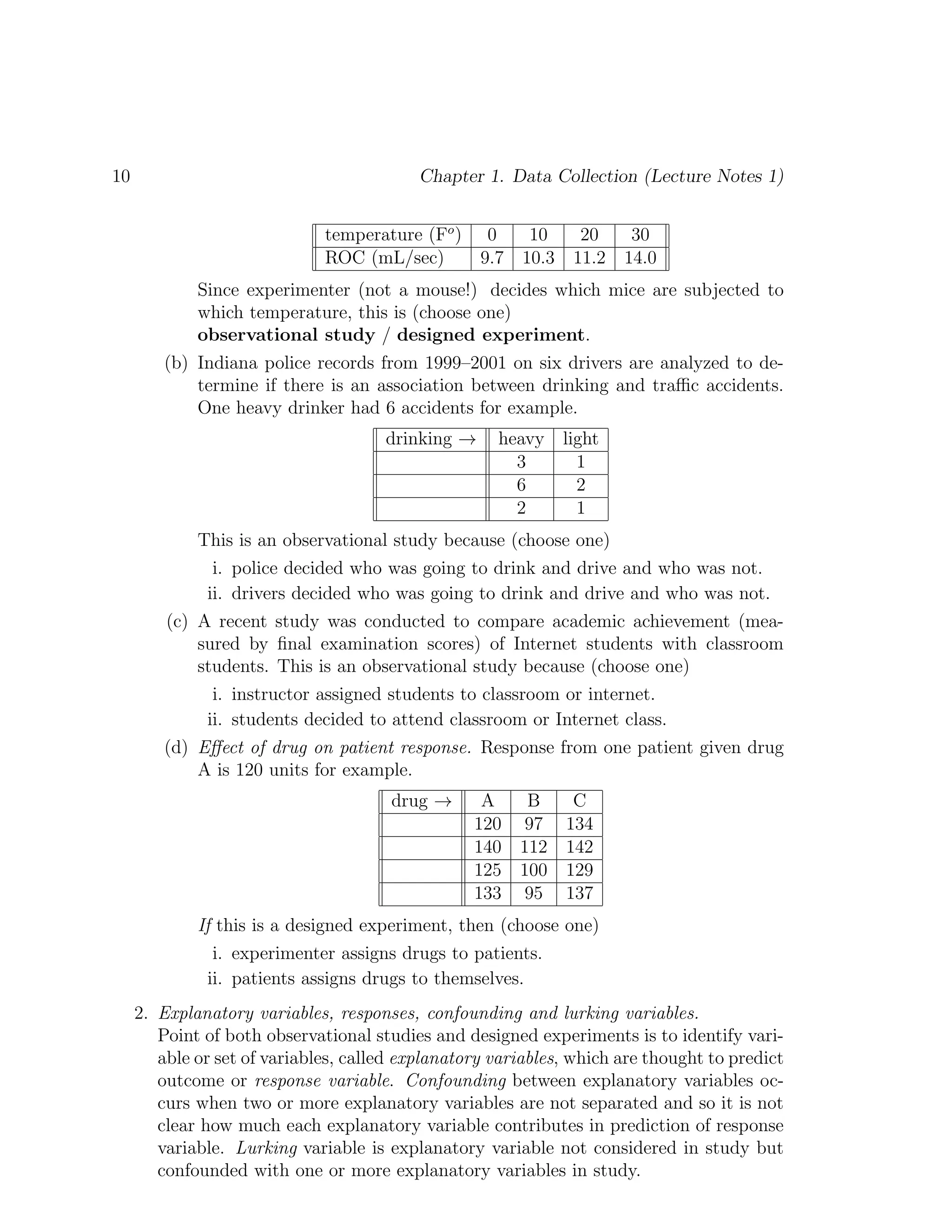 10 Chapter 1. Data Collection (Lecture Notes 1)
temperature (Fo
) 0 10 20 30
ROC (mL/sec) 9.7 10.3 11.2 14.0
Since experimenter (not a mouse!) decides which mice are subjected to
which temperature, this is (choose one)
observational study / designed experiment.
(b) Indiana police records from 1999–2001 on six drivers are analyzed to de-
termine if there is an association between drinking and traffic accidents.
One heavy drinker had 6 accidents for example.
drinking → heavy light
3 1
6 2
2 1
This is an observational study because (choose one)
i. police decided who was going to drink and drive and who was not.
ii. drivers decided who was going to drink and drive and who was not.
(c) A recent study was conducted to compare academic achievement (mea-
sured by final examination scores) of Internet students with classroom
students. This is an observational study because (choose one)
i. instructor assigned students to classroom or internet.
ii. students decided to attend classroom or Internet class.
(d) Effect of drug on patient response. Response from one patient given drug
A is 120 units for example.
drug → A B C
120 97 134
140 112 142
125 100 129
133 95 137
If this is a designed experiment, then (choose one)
i. experimenter assigns drugs to patients.
ii. patients assigns drugs to themselves.
2. Explanatory variables, responses, confounding and lurking variables.
Point of both observational studies and designed experiments is to identify vari-
able or set of variables, called explanatory variables, which are thought to predict
outcome or response variable. Confounding between explanatory variables oc-
curs when two or more explanatory variables are not separated and so it is not
clear how much each explanatory variable contributes in prediction of response
variable. Lurking variable is explanatory variable not considered in study but
confounded with one or more explanatory variables in study.
 