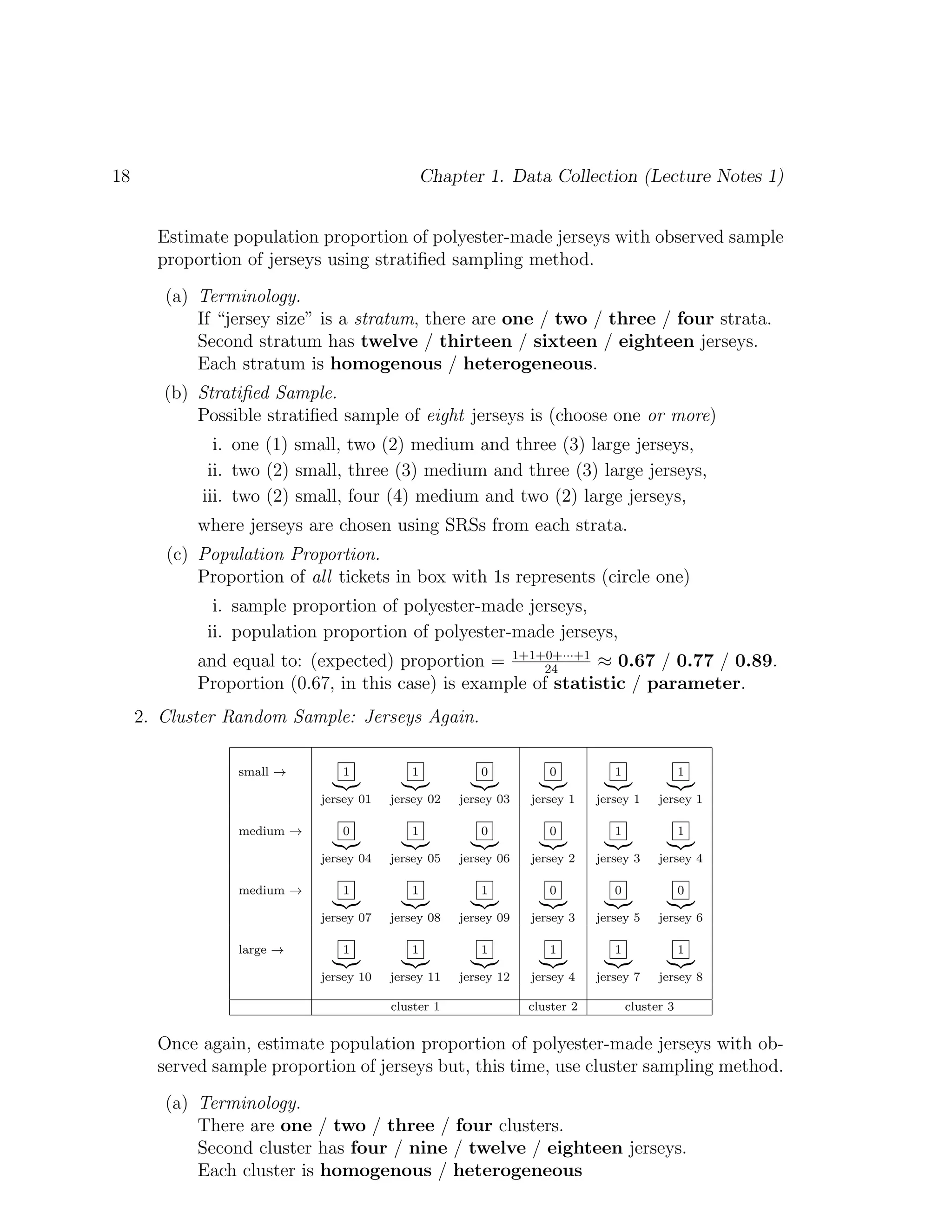 18 Chapter 1. Data Collection (Lecture Notes 1)
Estimate population proportion of polyester-made jerseys with observed sample
proportion of jerseys using stratified sampling method.
(a) Terminology.
If “jersey size” is a stratum, there are one / two / three / four strata.
Second stratum has twelve / thirteen / sixteen / eighteen jerseys.
Each stratum is homogenous / heterogeneous.
(b) Stratified Sample.
Possible stratified sample of eight jerseys is (choose one or more)
i. one (1) small, two (2) medium and three (3) large jerseys,
ii. two (2) small, three (3) medium and three (3) large jerseys,
iii. two (2) small, four (4) medium and two (2) large jerseys,
where jerseys are chosen using SRSs from each strata.
(c) Population Proportion.
Proportion of all tickets in box with 1s represents (circle one)
i. sample proportion of polyester-made jerseys,
ii. population proportion of polyester-made jerseys,
and equal to: (expected) proportion = 1+1+0+···+1
24
≈ 0.67 / 0.77 / 0.89.
Proportion (0.67, in this case) is example of statistic / parameter.
2. Cluster Random Sample: Jerseys Again.
small → 1
|{z}
jersey 01
1
|{z}
jersey 02
0
|{z}
jersey 03
0
|{z}
jersey 1
1
|{z}
jersey 1
1
|{z}
jersey 1
medium → 0
|{z}
jersey 04
1
|{z}
jersey 05
0
|{z}
jersey 06
0
|{z}
jersey 2
1
|{z}
jersey 3
1
|{z}
jersey 4
medium → 1
|{z}
jersey 07
1
|{z}
jersey 08
1
|{z}
jersey 09
0
|{z}
jersey 3
0
|{z}
jersey 5
0
|{z}
jersey 6
large → 1
|{z}
jersey 10
1
|{z}
jersey 11
1
|{z}
jersey 12
1
|{z}
jersey 4
1
|{z}
jersey 7
1
|{z}
jersey 8
cluster 1 cluster 2 cluster 3
Once again, estimate population proportion of polyester-made jerseys with ob-
served sample proportion of jerseys but, this time, use cluster sampling method.
(a) Terminology.
There are one / two / three / four clusters.
Second cluster has four / nine / twelve / eighteen jerseys.
Each cluster is homogenous / heterogeneous
 
