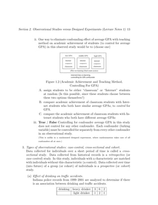 Section 2. Observational Studies versus Designed Experiments (Lecture Notes 1) 13
ii. One way to eliminate confounding effect of average GPA with teaching
method on academic achievement of students (to control for average
GPA) in this observed study would be to (choose one)
internet/class vs learning,
controlling for GPA confounder
internet internet
low GPA high GPA
classroom classroom
compared to compared to
effect on learning (final exam scores)
internet
middle GPA
classroom
compared to
Figure 1.2 (Academic Achievement and Teaching Method,
Controlling For GPA)
A. assign students to be either “classroom” or “Internet” students
at random (Is this possible, since these students choose between
these two options themselves?)
B. compare academic achievement of classroom students with Inter-
net students who both have similar average GPAs, to control for
GPA.
C. compare the academic achievement of classroom students with In-
ternet students who both have different average GPAs
iii. True / False Controlling for confounder average GPA in this study
does not control for any other confounder. Each confounder (lurking
variable) must be controlled for separately from every other confounder
in an observational study.
(This is unlike in a randomized designed experiment, where randomization takes care of all
confounders all at once.)
3. Types of observational studies: case-control, cross-sectional and cohort.
Data collected for individuals over a short period of time is called a cross-
sectional study. Data collected from historical records is a retrospective (or
case-control) study. In this study, individuals with a characteristic are matched
with individuals without this characteristic (a control). Data collected over time
(into future) of a group (or cohort) of individuals is a prospective (or cohort)
study.
(a) Effect of drinking on traffic accidents.
Indiana police records from 1999–2001 are analyzed to determine if there
is an association between drinking and traffic accidents.
drinking heavy drinker 3 6 2
light drinker 1 2 1
 