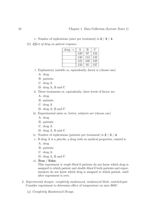24 Chapter 1. Data Collection (Lecture Notes 1)
v. Number of replications (mice per treatment) is 2 / 3 / 4.
(b) Effect of drug on patient response.
drug → A B C
120 97 134
140 112 142
125 100 129
133 95 137
i. Explanatory variable or, equivalently, factor is (choose one)
A. drug
B. patients
C. drug A
D. drug A, B and C
ii. Three treatments or, equivalently, three levels of factor are
A. drug
B. patients
C. drug A
D. drug A, B and C
iii. Experimental units or, better, subjects are (choose one)
A. drug
B. patients
C. drug A
D. drug A, B and C
iv. Number of replications (patients per treatment) is 2 / 3 / 4.
v. If drug A is a placebo, a drug with no medical properties, control is
A. drug
B. patients
C. drug A
D. drug A, B and C
vi. True / False.
This experiment is single-blind if patients do not know which drug is
assigned to which patient and double-blind if both patients and exper-
imenters do not know which drug is assigned to which patient, until
after experiment is over.
2. Experimental designs: completely randomized, randomized block, matched-pair.
Consider experiment to determine effect of temperature on mice ROC.
(a) Completely Randomized Design.
 