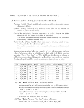 Section 1. Introduction to the Practice of Statistics (Lecture Notes 1) 5
3. Nominal, Ordinal (Ranked), Interval and Ratio: Milk Yield
Nominal Variable (Data): Variable where data cannot be ordered; data consists
of names or labels.
Ordinal (Ranked) Variable (Data): Variable where data can be ordered but
cannot be added or subtracted.
Interval Variable (Data): Variable where data can be both ordered and added
or subtracted, but cannot be divided or multiplied.
When two data points are subtracted from one another, difference between two is an interval, which
explains why this is called interval variable (data).
Ratio Variable (Data): Variable where data can be ordered, added or sub-
tracted, and also divided or multiplied.
When two data points are divided, a ratio is formed, which explains why this is called ratio variable
(data).
Measurements are given below on a number of cows taken during a study on
effect of a hormone, given in tablet form, on daily milk yield. Eight variables,
including “Cow”, “Test Date”, ..., “After Yield”, are listed at top of columns in
table. Seven observations (data points) are listed in seven rows below variables.
Specify milk yield variables (data) as nominal, ordinal, interval or ratio.
Cow Test Date Farm Height Health Tablets Before Yield After Yield
17 9/11/98 M 41 poor 2 100.7 100.3
18 9/11/98 F 40 bad 1 97.8 98.1
14 9/03/98 F 49 fair 3 98.8 99.6
15 9/01/98 M 45 good 3 100.9 100.0
16 9/10/98 F 42 poor 1 101.1 100.1
19 9/25/98 M 45 good 2 100.0 100.4
20 9/25/98 M 37 good 3 101.5 100.8
(a) True / False. Variable “Cow” is nominal because
• cows cannot be ordered in any meaningful way by ID (name) alone
• interval between cow names is meaningless, data cannot be subtracted:
cow 14 − cow 15 = huh?
• ratio between cow names is meaningless, data cannot be divided:
cow 14 ÷ cow 15 = huh?
“Cow” is actually “cow identification (ID) or name of cow”.
(b) True / False. Variable “Test Date” is interval because
• test dates can be ordered: “9/03/98” is before “9/11/98”
 
