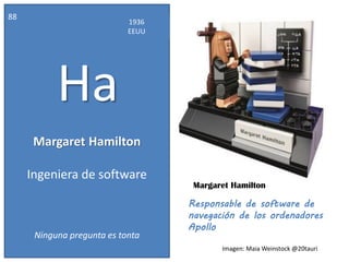 Margaret Hamilton
88
1936
EEUU
Ha
Ingeniera de software
Ninguna pregunta es tonta
Responsable de software de
navegación de los ordenadores
Apollo
Imagen: Maia Weinstock @20tauri
Margaret Hamilton
 