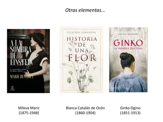 Blanca Catalán de Ocón
(1860-1904)
Mileva Maric
(1875-1948)
Ginko Ogino
(1851-1913)
Otras elementas…
 