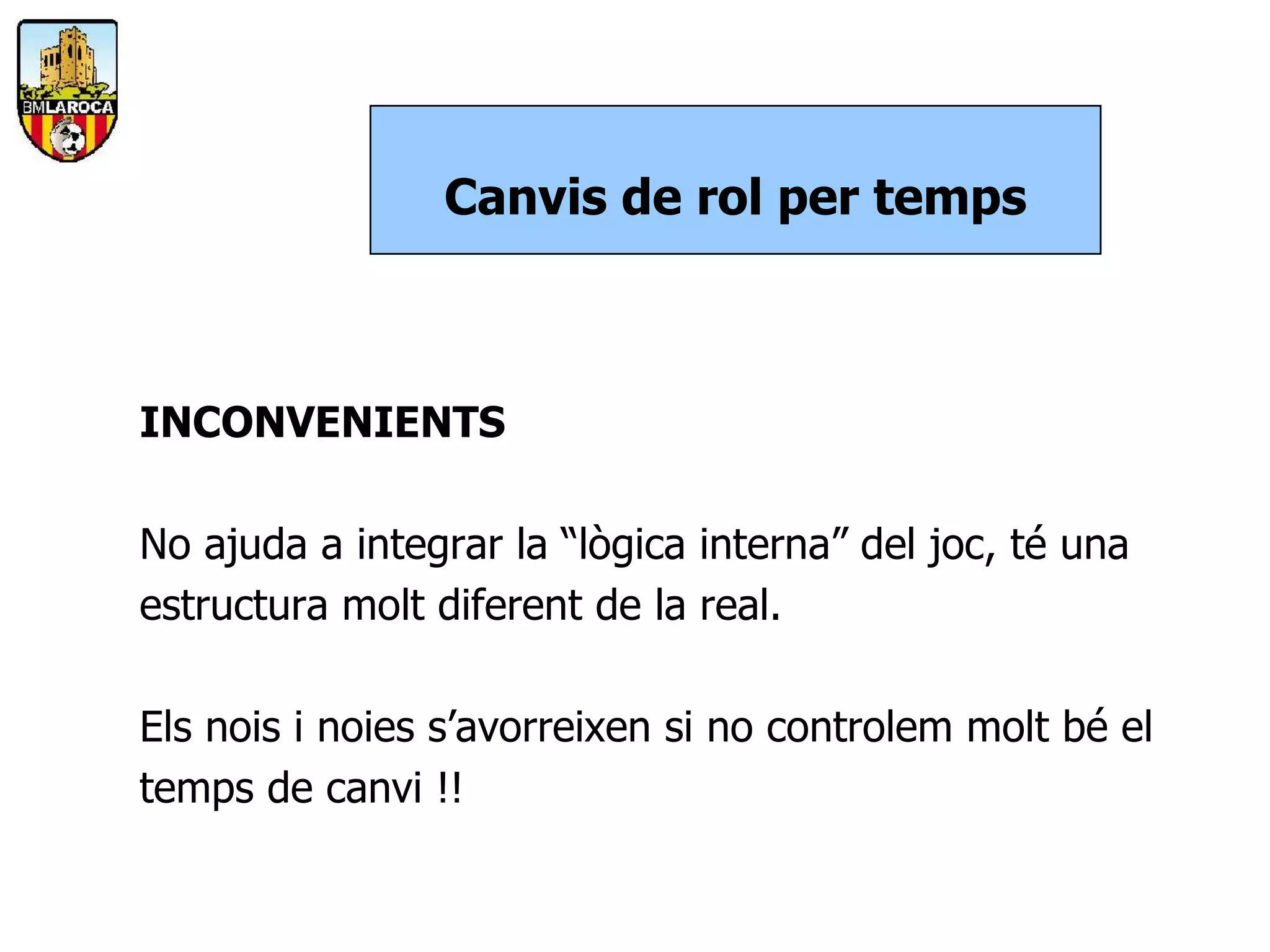 Canvis de rol per temps



INCONVENIENTS

No ajuda a integrar la “lògica interna” del joc, té una
estructura molt diferent de la real.

Els nois i noies s’avorreixen si no controlem molt bé el
temps de canvi !!
 