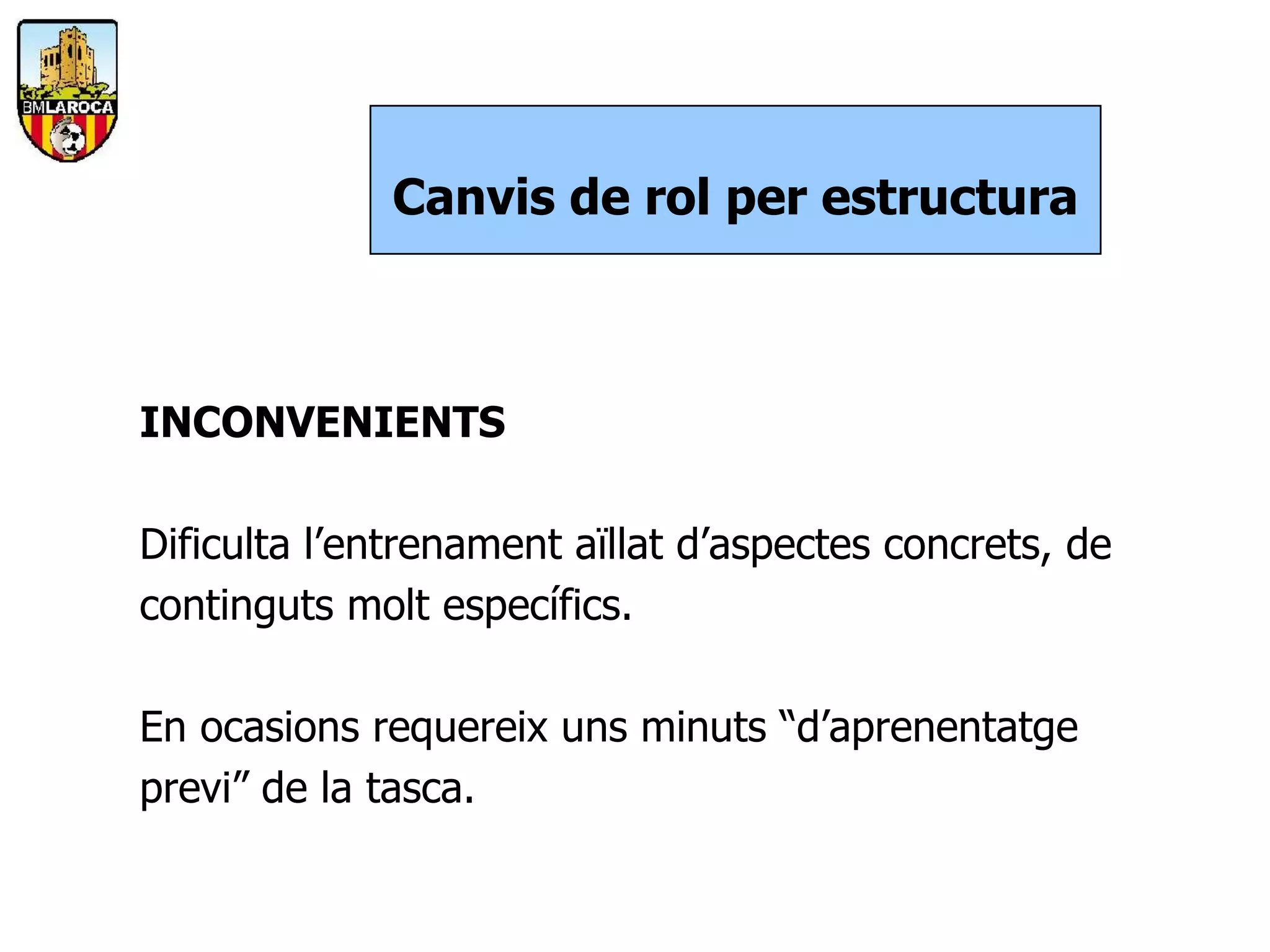 Canvis de rol per estructura



INCONVENIENTS

Dificulta l’entrenament aïllat d’aspectes concrets, de
continguts molt específics.

En ocasions requereix uns minuts “d’aprenentatge
previ” de la tasca.
 