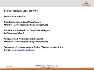 02/12/2014 
SOBRINHO, Samuel Rodrigues Lopes 
ssobrinhoo@gmail.com 
2 
Samuel Rodrigues Lopes Sobrinho 
Formação Acadêmica: 
Pós-Graduação em Lean Manufacture 
Univille – Universidade da Região de Joinville 
Pós-Graduação Gestão da Qualidade Six-Sigma 
FAE Business School 
Graduação em Administração Industrial 
Univille – Universidade da Região de Joinville 
Técnico em Processamento de Dados / Técnico em Mecânica 
E-mail: ssobrinhoo@gmail.com 
 