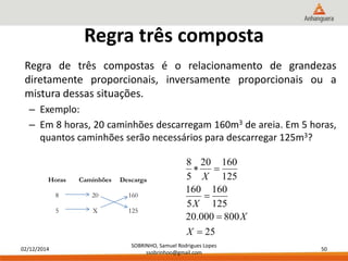 02/12/2014 
20 160 
  
160 
125 
8 
160 
20.000 800 
SOBRINHO, Samuel Rodrigues Lopes 
ssobrinhoo@gmail.com 
50 
Regra três composta 
Regra de três compostas é o relacionamento de grandezas 
diretamente proporcionais, inversamente proporcionais ou a 
mistura dessas situações. 
– Exemplo: 
– Em 8 horas, 20 caminhões descarregam 160m3 de areia. Em 5 horas, 
quantos caminhões serão necessários para descarregar 125m3? 
Horas Caminhões Descarga 
8 20 160 
5 X 125 
25 
5 
125 
5 
 
 
 
X 
X 
X 
X 
 