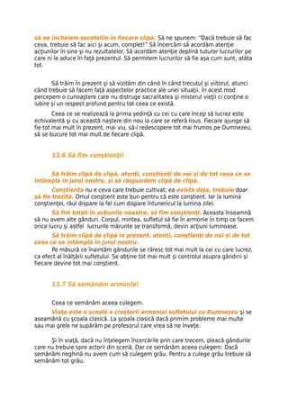 să ne încheiem socotelile în fiecare clipă. Să ne spunem: “Dacă trebuie să fac
ceva, trebuie să fac aici şi acum, complet!” Să încercăm să acordăm atenţie
acţiunilor în sine şi nu rezultatelor. Să acordăm atenţie deplină tuturor lucrurilor pe
care ni le aduce în faţă prezentul. Să permitem lucrurilor să fie aşa cum sunt, atâta
tot.


       Să trăim în prezent şi să vizităm din când în când trecutul şi viitorul, atunci
când trebuie să facem faţă aspectelor practice ale unei situaţii. În acest mod
percepem o cunoaştere care nu distruge sacralitatea şi misterul vieţii ci conţine o
iubire şi un respect profund pentru tot ceea ce există.
        Ceea ce se realizează la prima şedinţă cu cei cu care încep să lucrez este
echivalentă şi cu această naştere din nou la care se referă Iisus. Fiecare ajunge să
fie tot mai mult în prezent, mai viu, să-l redescopere tot mai frumos pe Dumnezeu,
să se bucure tot mai mult de fiecare clipă.


       13.6 Să fim conştienţi!

     Să trăim clipă de clipă, atenţi, conştienţi de noi şi de tot ceea ce se
întâmplă în jurul nostru, şi să răspundem clipă de clipă.
       Conştienţa nu e ceva care trebuie cultivat; ea există deja, trebuie doar
să fie trezită. Omul conştient este bun pentru că este conştient. Iar la lumina
conştienţei, răul dispare la fel cum dispare întunericul la lumina zilei.
       Să fim totali în acţiunile noastre, să fim conştienţi. Aceasta înseamnă
să nu avem alte gânduri. Corpul, mintea, sufletul să fie în armonie în timp ce facem
orice lucru şi astfel lucrurile mărunte se transformă, devin acţiuni luminoase.
       Să trăim clipă de clipă în prezent, atenţi, conştienţi de noi şi de tot
ceea ce se întâmplă în jurul nostru.
       Pe măsură ce înaintăm gândurile se răresc tot mai mult la cei cu care lucrez,
ca efect al înălţării sufletului. Se obţine tot mai mult şi controlul asupra gândirii şi
fiecare devine tot mai conştient.


       13.7 Să semănăm armonie!

       Ceea ce semănăm aceea culegem.
     Viaţa este o şcoală a creşterii armoniei sufletului cu Dumnezeu şi se
aseamănă cu şcoala clasică. La şcoala clasică dacă primim probleme mai multe
sau mai grele ne supărăm pe profesorul care vrea să ne înveţe.

      Şi în viaţă, dacă nu înţelegem încercările prin care trecem, pleacă gândurile
care nu trebuie spre actorii din scenă. Dar ce semănăm aceea culegem. Dacă
semănăm neghină nu avem cum să culegem grâu. Pentru a culege grâu trebuie să
semănăm tot grâu.
 