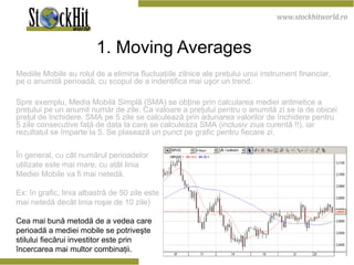 1. Moving Averages   Mediile Mobile au rolul de a elimina fluctuaţiile zilnice ale preţului unui instrument financiar, pe o anumită perioadă, cu scopul de a indentifica mai uşor un trend.  Spre exemplu, Media Mobilă Simplă (SMA) se obţine prin calcularea mediei aritmetice a preţului pe un anumit număr de zile. Ca valoare a preţului pentru o anumită zi se ia de obicei preţul de închidere. SMA pe 5 zile se calculează prin adunarea valorilor de închidere pentru 5 zile consecutive faţă de data la care se calculeaza SMA (inclusiv ziua curentă !!), iar rezultatul se împarte la 5. Se plasează un punct pe grafic pentru fiecare zi. În general, cu cât numărul perioadelor utilizate este mai mare, cu atât linia Mediei Mobile va fi mai netedă.  Ex: în grafic, linia albastră de 50 zile este mai netedă decât linia roşie de 10 zile) Cea mai bună metodă de a vedea care perioadă a mediei mobile se potriveşte stilului fiecărui investitor este prin încercarea mai multor combinaţii. 