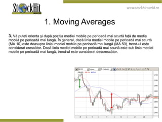 1. Moving Averages   3.  Vă puteţi orienta şi după poziţia mediei mobile pe perioadă mai scurtă faţă de media mobilă pe perioadă mai lungă. În general, dacă linia mediei mobile pe perioadă mai scurtă (MA 10) este deasupra liniei mediei mobile pe perioadă mai lungă (MA 50), trend-ul este considerat crescător. Dacă linia mediei mobile pe perioadă mai scurtă este sub linia mediei mobile pe perioadă mai lungă, trend-ul este considerat descrescător.  