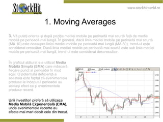 1. Moving Averages   3.  Vă puteţi orienta şi după poziţia mediei mobile pe perioadă mai scurtă faţă de media mobilă pe perioadă mai lungă. În general, dacă linia mediei mobile pe perioadă mai scurtă (MA 10) este deasupra liniei mediei mobile pe perioadă mai lungă (MA 50), trend-ul este considerat crescător. Dacă linia mediei mobile pe perioadă mai scurtă este sub linia mediei mobile pe perioadă mai lungă, trend-ul este considerat descrescător.  În graficul alăturat s-a utilizat  Media Mobilă Simplă (SMA)  care măsoară fiecare punct al perioadei în mod egal. O potenţială deficienţă a acesteia este faptul că evenimentele produse la începutul perioadei au acelaşi efect ca şi evenimentele produse recent.  Unii investitori preferă să utilizeze  Media Mobilă Exponenţială (EMA),  unde evenimentele recente au efecte mai mari decât cele din trecut.  