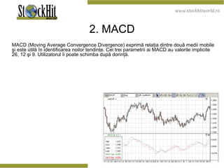 2 . M ACD MACD  (Moving Average Convergence Divergence) exprimă relaţia dintre două medii mobile şi este utilă în identificarea noilor tendinţe. Cei trei parametrii ai MACD au valorile implicite 26, 12 şi 9. Utilizatorul îi poate schimba după dorinţă.  