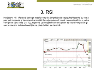 3. RSI Indicatorul RSI ( Relative Strength Index ) compară  amplitudinea c âş tigurilor recente cu cea a pierderilor recente  ş i transform ă  aceast ă  informa ţ ie printr-o formul ă  matematic ă   î ntr-un  indice  c are  poate varia  î ntre 0  ş i 100.  RSI este util în identificarea nivelelor de supra-cumpărare şi supra-vânzare, indicând condiţiile de piaţă bullish sau bearish.  