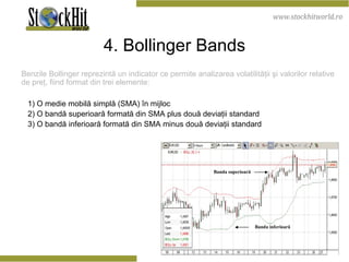 4. Bollinger Bands Benzile Bollinger reprezintă un indicator ce permite analizarea volatilităţii şi valorilor relative de preţ, fiind format din trei elemente:      1) O medie mobilă simplă (SMA) în mijloc     2) O bandă superioară formată din SMA plus două deviaţii standard     3) O bandă inferioară formată din SMA minus două deviaţii standard  Banda superioară Banda inferioară 