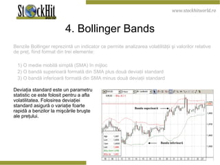 4. Bollinger Bands Benzile Bollinger reprezintă un indicator ce permite analizarea volatilităţii şi valorilor relative de preţ, fiind format din trei elemente:      1) O medie mobilă simplă (SMA) în mijloc     2) O bandă superioară formată din SMA plus două deviaţii standard     3) O bandă inferioară formată din SMA minus două deviaţii standard  Deviaţia standard este un parametru statistic ce este folosit pentru a afla volatilitatea. Folosirea deviaţiei standard asigură o variaţie foarte rapidă a benzilor la mişcările bruşte ale preţului.  Banda superioară Banda inferioară 