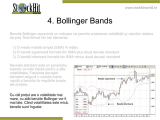 4. Bollinger Bands Benzile Bollinger reprezintă un indicator ce permite analizarea volatilităţii şi valorilor relative de preţ, fiind format din trei elemente:      1) O medie mobilă simplă (SMA) în mijloc     2) O bandă superioară formată din SMA plus două deviaţii standard     3) O bandă inferioară formată din SMA minus două deviaţii standard  Deviaţia standard este un parametru statistic ce este folosit pentru a afla volatilitatea. Folosirea deviaţiei standard asigură o variaţie foarte rapidă a benzilor la mişcările bruşte ale preţului.  Cu cât preţul are o volatilitate mai mare, cu atât benzile Bollinger vor fi mai late. Când volatilitatea este mică, benzile sunt înguste.   Banda superioară Banda inferioară 
