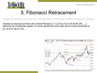 5. Fibonacci Retracement Nivelele de retragere Fibonacci sunt utilizate pentru identificarea nivelelor de suport şi rezistenţă.  Acestea se bazează pe Seria de numere Fibonacci (1,1,2,3,5,8,13,21,34,55,89,144......), folosindu-se următoarea regulă: un număr reprezintă suma celor două numere dinaintea lui.  Ex: 8=3+5, 55=21+34.....  