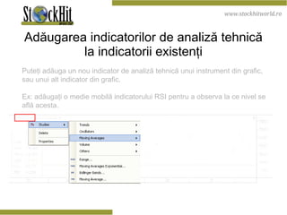 Adăugarea indicatorilor de analiză tehnică la indicatorii existenţi Puteţi adăuga un nou indicator de analiză tehnică unui instrument din grafic, sau unui alt indicator din grafic. Ex: adăugaţi o medie mobilă indicatorului RSI pentru a observa la ce nivel se află acesta. 
