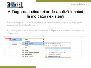 Adăugarea indicatorilor de analiză tehnică la indicatorii existenţi Puteţi adăuga un nou indicator de analiză tehnică unui instrument din grafic, sau unui alt indicator din grafic. Ex: adăugaţi o medie mobilă indicatorului RSI pentru a observa la ce nivel se află acesta. 