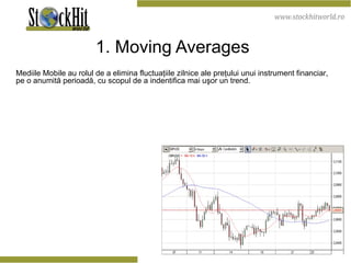 1. Moving Averages   Mediile Mobile au rolul de a elimina fluctuaţiile zilnice ale preţului unui instrument financiar, pe o anumită perioadă, cu scopul de a indentifica mai uşor un trend.  
