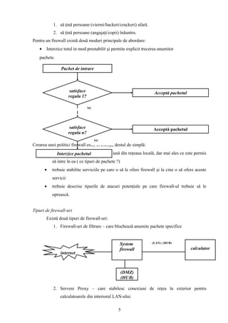 1. să ţină persoane (viermi/hackeri/crackeri) afară.
           2. să ţină persoane (angajaţi/copii) înăuntru.
Pentru un firewall există două moduri principale de abordare:
   •   Interzice totul in mod prestabilit şi permite explicit trecerea anumitor
   pachete.

                Pachet de intrare



                      satisface                                      Acceptă pachetul
                      regula 1?

                                   NU




                       satisface                                    Acceptă pachetul
                      regula n?
                                        NU
Crearea unei politici firewall este, în esenţă, destul de simplă:
       •   trebuie stabilit ce este permis să iasă din reţeaua locală, dar mai ales ce este permis
              Interzice pachetul
           să intre în ea ( ce tipuri de pachete ?)
       •   trebuie stabilite serviciile pe care o să le ofere firewall şi la cine o să ofere aceste
           servicii
       •   trebuie descrise tipurile de atacuri potenţiale pe care firewall-ul trebuie să le
           oprească.


Tipuri de firewall-uri
       Există două tipuri de firewall-uri:
           1. Firewall-uri de filtrare – care blochează anumite pachete specifice


                                                  System            (LAN) | (HUB)

                                                  firewall                                calculator
               internet



                                                      (DMZ)
                                                      (HUB)

           2. Servere Proxy – care stabilesc conexiuni de reţea în exterior pentru
               calculatoarele din interiorul LAN-ului.

                                                  5
 