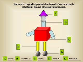 Numeşte corpurile geometrice folosite în construcţia
                 robotului. Spune câte sunt din fiecare.

                                                  A


                                                              B




                                                                  C

               E
                                                          D

A   con 1     B    cilindru 3   C   cub 1   D   sferă 3       E   cuboid 2
 