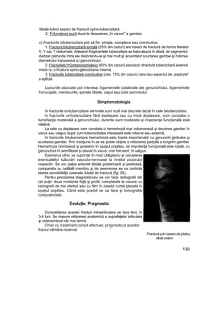 tibiale luând aspect de fractură spino-tuberozitară.
2. Tnfundarea pură duce la dezaxarea „în varum" a gambei.
c) Fracturile bituberozitare pot să fie: simple, complexe sau corninutive.
1. Fractura bituberozitară simplă (25% din cazuri) are traiect de fractură de forma literelor
V, Y sau T răsturnate. Adeseori fragmentele tuberozitare se basculează în afară, iar segmentul
diafizar pătrunde între ele dislocându-le şi mai mult şî accentând scurtarea gambei şi mărirea
diametrului transversal a) genunchiului.
2. Fractyriletu^rQzitarecipjmplexg (60% din cazuri) asociază ofracturâ tuberozîtară externă
mixtă cu o frcatură spino-glenoidiană internă.
3. Fracturile tuberozitare corninutive {cea. 15% din cazuri) care dau aspectul de „explozie"
a epifizei.
Leziunile asociate pot interesa: ligamentele colaterale ale genunchiului, ligamentele
încrucişate, meniscurile, spinele tibiale, capui sau colul peroneului.
Simptomatologia
în fracturile unituberozitare semnele sunt mult mai discrete decât în cele bituberozitare,
în fracîuirle uniîuberozitare fără deplasare sau cu mică deplasare, vom constata o
tumefacţie moderată a genunchiului, durerile sunt moderate şi impotenţa funcţională este
relativă.
La cele cu deplasare vom constata o hemartroză mai volumonasă şi devierea gambei în
varus sau valgus după cum tuberozitatea interesată este interna sau externă,
în fracturile bituberozitare hemartroză este foarte importanată cu genunchi globulos şi
scurtarea gambei. Prin tracţiune în ax se poate obţine o refacerea parţială a lungimii gambei.
Hemartroza bombează şi posterior în spaţiul popliteu, iar impotenţa funcţională este totală, cu
genunchiul în semîflexie şi deviat în varus, mai frecvent, în valgus.
Examenul citnic va cuprinde în mod obligatoriu şi cercetarea
eventualelor tulburări vascuîo-nervoase la nivelul piciorului
respectiv. Se vor palpa arterele tibiala posterioară şi pedioasă,
comparativ cu celălalt membru şi de asemenea se va controla
starea sensibilităţii cutanate dJstal de fractură (fig. 26).
Pentru precizarea diagnosticului se vor face radiografii din
cel puţin două incidente faţă şi profil, completate la nevoie cu
radiografii de trei sferturi sau cu film în casetă curbă plasată în
spaţiul popliteu. Când este posibil se va face şi tomografie
computerizată.
Evoluţie. Prognostic
Consolidarea acestei fracturi intraarticulare se face lent, în
3-4 luni. Se impune refacerea anatomică a suprafeţelor articulare
şi osteosinteza cât mai fermă.
Chiar cu tratament corect efectuat, prognosticul acestor
fracturi rămâne rezervat. '
Fractură prin tasare de platou
tibiat extern.
139
 