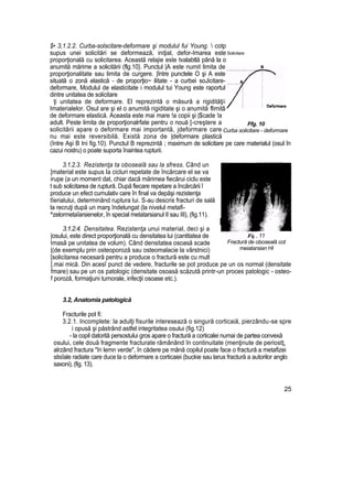 $• 3,1.2.2. Curba-solscitare-deformare şi modulul fui Young.  cotp
supus unei solicitări se deformează, iniţial, defor-Imarea este
proporţională cu solicitarea. Această relajie este tvalabtlă până la o
anumită mărime a solicitării (flg.10}. Punctul |A este numit limita de
proporţionalitate sau limita de curgere. |între punctele O şi A este
situată o zonă elastică - de proporţio~ ilitate - a curbei soJicitare-
deformare, Modulul de elasticitate i modulul tui Young este raportul
dintre unitatea de solicitare
ţi unitatea de deformare. El reprezintă o măsură a rigidităţii
Imaterialelor. Osul are şi el o anumită rigiditate şi o anumită flimitâ
de deformare elastică. Aceasta este mai mare !a copii şi |$cade !a
adult. Peste limita de proporţionalrfate pentru o nouă [-creştere a
solicitării apare o deformare mai importantă, jdeformare care
nu mai este reversibilă. Există zona de |deformare plastică
(între Aşi B Ini fig.10). Punctul B reprezintă ; maximum de solicitare pe care materialul (osul în
cazui nostru) o poate suporta înaintea rupturii.
3.1.2.3. Rezistenţa ta oboseală sau la sfress. Când un
[material este supus Ia cicluri repetate de încărcare el se va
irupe (a un moment dat, chiar dacă mărimea fiecărui ciclu este
t sub solicitarea de ruptură. După fiecare repetare a încărcării î
produce un efect cumulativ care în final va depăşi rezistenţa
tîerialului, determinând ruptura lui. S-au descris fracturi de sală
la recruţi după un marş îndelungat (la nivelul metafi-
^zelormetaîarsienelor, în special metatarsianul II sau III), (fig.11).
3.1.2.4. Densitatea. Rezistenţa unui material, deci şi a
|osului, este direct proporţională cu densitatea lui (cantitatea de
Imasâ pe unitatea de volum). Când densitatea osoasă scade
|(de exemplu prin osteoporoză sau osteomalacie la vârstnici)
[solicitarea necesară pentru a produce o fractură este cu mult
[.mai mică. Din acesî punct de vedere, fracturile se pot produce pe un os normal (densitate
fmare) sau pe un os patologic (densitate osoasă scăzută printr-un proces patologic - osteo-
f porozâ, formaţiuni turnorale, infecţii osoase etc.).
3.2, Anatomia patologică
Fracturile pot fi:
3.2.1. Incomplete: la adulţi fisurile interesează o singură corticaiă, pierzându-se spre
i opusă şi păstrând astfel integritatea osului (fig.12)
- la copil datorită persostului gros apare o fractură a corticalei numai de partea convexă
osului, cele două fragmente fracturate rămânând în continuitate (menţinute de periostţ,
alrzând fractura "în lemn verde", în cădere pe mână copilul poate face o fractură a metafizei
stisîale radiate care duce la o deformare a corticaiei (buckie sau larus fractură a autorilor anglo
saxoni), (fig. 13).
25
Solicitare
Ffg. 10
Curba solicitare - deformare
, 11
Fractură de oboseală cot
meiatarsian HI
 