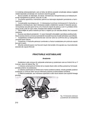 în incidenţa anteroposterioară, care ar trebui să elimine această complicaţie adesea neglijată.
Odată depistată complicaţia are rezolvare doarchirugicatâ.
* lleusul paralitic se datoreşte, de obicei, hematomului retroperitoneal şi se tratează prin
sondă nazogastrică şi perfuzii, timp de 2-3 zile,
+ Scurtarea aparentă a membrelor pelvine se datoreşte deplasării persistente a hemi-
bazinulul
+ Complicaţiile neurologice prin: 1} interesarea trunchiului lombosacrat în fracturile cu
deplasare a hemibazinului; 2}pm interesarea izolată a rădăclnsîor sacrate în fracturile sacrului;
3) impotenţa sexuală apare tot ta a 6-a fractură majoră de petvis şi cam în jumătate dintre
cazuri acolo unde se rupe uretra. Aceasta este adesea ireversibilă.
» Diformităţile de pelvis restante pot face o naştere pe căi naturale dificilă, fiind necesară
cezariana.
+ Durerea sacroliiacă persistentă - în cazul interesâriî articulaţiilor sacroiliace posttraumatic.
Dacă durerea devine cronică şt persistentă necesită fuziunea locală {artrodeza sacroilîacă).
+ Instabilitatea simflzară persistentă este rară dar când se confirmă clinic şi radiografie
necesită fixare internă.
* Coxartroza, în fracturile pelvisului combinate cu fracturi acetabulare prin protruzia capului
femural în bazin.
* Mîozîta osifiantă apare mai frecvent după intervenţiile chirurgicale sau traumatismele
asociate ale capului femural.
FRACTURILE ACETABULARE
Anatomie
Acetabulum este compus din qoloanele anterioare şi posterioare care se îmbină într-un Y
inversat, văzut din latera! (fig, 10)
1. Coloana anterioară se întinde de la creasta iliacă către simflza pubiană şi formează
peretele anterior al acetabulului.
2. Coloana posîerioară se întinde de la marea scobitură sciatică, include peretele posterior
acetabular şi continuă către ramura inferioară pubiană şi tuberozitatea ischîatică,
3. Plafonul acetabular, sau îmbinarea superioară a celor două coloane care suportă întreaga
greutate.
Fig, 10 Coloanele anterioare
şi posterioare ale acetabulului
210
 