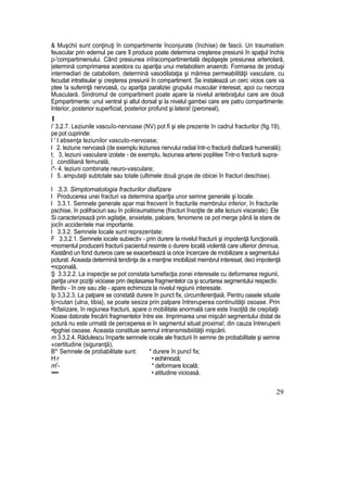 & Muşchii sunt conţinuţi în compartimente înconjurate (închise) de fascii. Un traumatism
feuscular prin edemul pe care îl produce poate determina creşterea presiunii în spaţiul închis
p-'compartimeniului. Când presiunea inîracompartimentală depăşeşte presiunea arteriolară,
|etermină comprimarea acestora cu apariţia unui metabolism anaerob. Formarea de produşi
intermediari de catabolism, determină vasodilataţia şi mărirea permeabilităţii vasculare, cu
fecudat intratisular şi creşterea presiunii în compartiment. Se instalează un cerc vicios care va
ptee !a suferinţă nervoasă, cu apariţia paraliziei grupului muscular interesat, apoi cu necroza
Musculară. Sindromul de compartiment poate apare la nivelul antebraţului care are două
Epmpartimente: unul ventral şi altul dorsal şi la nivelul gambei care are patru compartimente:
Interior, posterior superficial, posterior profund şi latera! (peroneal),
I
i' 3,2.7. Leziunile vascuîo-nervoase (NV) pot fi şi ele prezente în cadrul fracturilor (fig.19).
pe pot cuprinde:
l ' l absenţa leziunilor vascuto-nervoase;
l 2. leziune nervoasă (de exemplu leziunea nervului radial într-o fractură diafizară humerală);
l; 3, leziuni vasculare izolate - de exemplu, leziunea arterei poplitee Tntr-o fractură supra-
| condiliană femurală;
i*- 4. leziuni combinate neuro-vasculare;
l 5. amputaţii subtotale sau totale (ultimele două grupe de obicei în fracturi deschise).
l 3,3. Simptomatologia fracturilor diafizare
l Producerea unei fracturi va determina apariţia unor semne generale şi locale.
l 3.3.1. Semnele generale apar mai frecvent în fracturile membrului inferior, în fracturile
pschise, în polifraciuri sau în poliiraumatisme (fracturi însoţite de alte leziuni viscerale). Ele
Si caracterizează prin agitaţie, anxietate, paloare, fenomene ce pot merge până la stare de
jocîn accidentele mai importante.
l 3.3.2. Semnele locale sunt reprezentate:
F 3.3.2.1. Semnele iocale subiectiv - prin durere la nivelul fracturii şi impotenţă funcţională.
•momentul producerii fracturii pacientul resimte o durere locală violentă care ulterior diminua,
Ksistând un fond dureros care se exacerbează ia orice încercare de mobilizare a segmentului
pcturat. Aceasta determină tendinţa de a menţine imobilizat membrul interesat, deci impotenţă
•ncponalâ,
Ş 3.3.2.2. La inspecţie se pot constata tumefacţia zonei interesate cu deformarea regiunii,
pariţia unor poziţii vicioase prin deplasarea fragmentelor ca şi scurtarea segmentului respectiv.
Iferdiv - în ore sau zile - apare echimoza la nivelul regiunii interesate.
Ip 3,3.2.3, La palpare se constată durere în punct fix, circumferenţiaiă. Pentru oasele situate
lji>cutan (ulna, tibia}, se poate sesiza prin palpare întreruperea continuităţii osoase. Prin
•fcfaiiizare, în regiunea fracturii, apare o mobilitate anormală care este însoţită de crepitaţii
Koase datorate frecării fragmentelor între eie. Imprimarea unei mişcări segmentului distal de
pctură nu este urmată de perceperea ei în segmentul situat proxima!, din cauza întreruperii
•tpghiei osoase. Aceasta constituie semnul intransmisibiiităţii mişcării.
m 3.3.2.4. Rădulescu împarte semnele iocale ale fracturii în semne de probabilitate şi semne
«certitudine (siguranţă),
B*;
Semnele de probabilitate sunt: * durere în puncî fix;
H r •echimoză;
mr
- * deformare locală;
•••• • atitudine vicioasă.
29
 