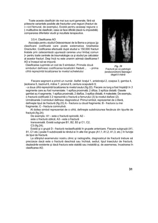 Toate aceste clasificări de mai sus sunt generale, fără să
p/descrie variantele posibile ale fracturilor unei regiuni (fracturi de
I---GOÎ femural, de exemplu). Există pentru aceeaşi regiune o
|: multitudine de clasificări, ceea ce face dificilă (dacă nu imposibilă)
compararea diferitelor studii şi rezultate terapeutice.
3.5.4. Clasificarea AO
Asociaţia pentru studiul Osteosintezei de la Bema a propus |jp
clasificare codificată care poate sistematiza totalitatea
Oracturilor, Codificarea efectuată după studiul a 150.000 fracturi
liratate prin osteosinteză uşurează cererea unui limbaj comun
|> pentru toaîe centrele de traumatologie ca şi studiul pe calculator
al acestor fracturi. Deşi încă nu este unanim admisă clasificarea f
AO a început să se impună.
Clasificarea cuprinde un cod de 5 simboluri. Primele două
simboluri definesc codificarea localizării fracturii: ,. - prima
cifră reprezintă localizarea la nivelul scheletului
Fig. 20
Fractură pe os patologic
(endoconctrom) faianaga l
deget ti mână
Fiecare segment a primit un număr. Astfel: braţul 1, antebraţul 2, coapsa 3, gamba 4,
|ieoloana 5, bazinul 6, mâna 7, piciorul 8, centura scapulară 9;
- a doua cifră reprezintă localizarea la nivelul osului (fig.22). Fiecare os lung a fost împărţit în 3
segmente care au fosî numerotate: 1 epifiza proximală; 2 difiza; 3 epîtiza distală. Oasele
gambei au 4 segmente, 1 epifiza proximală, 2 dtafîza, 3 epifiza dîstală, 4 maleolele. De exemplu,
o fractură codificată 3 2 reprezintă o fractură a femurului (3) la nivelul diafizei (2).
Următoarele 3 simboluri definesc diagnosticul: Primul simbol, reprezentat de o literă,
defineşte tipul de fractură (fig.23) A - fractura cu două fragmente; B - fractura cu trei
fragmente; C - fractura cominutivă.
Al doilea simbol reprezentat de o cifră, defineşte subdiviziunea fiecăruia din tipurile de
fractură (fig.24).
De exemplu: A1 - este o fractură spiroidă; A2 -
este o fractură oblică; A3 - este o fractură
transversală. Există subgrupe B1, B2, B3 şi C1, C2,
C3 (fig.24),
Există şi o grupă D - fractură neclasificabilă în grupele anterioare. Fiecare subgrupă (A1,
81, C1 etc.) poate fi subdivizată la rândul ei în alte trei grupe (A1,1; A1,2; A1,3; etc.) în funcţie
de tipul de fractură.
La sfârşitul examenului nostru clinic şi radiografie, diagnosticul de fractură trebuie să
precizeze dacă este o fractură deschisă sau închisă, sediul, tipul traectului de fractură,
deplasările existente şi dacă fractura este stabilă sau instabilă şi, de asemenea, încadrarea în
clasificarea AO.
31
 