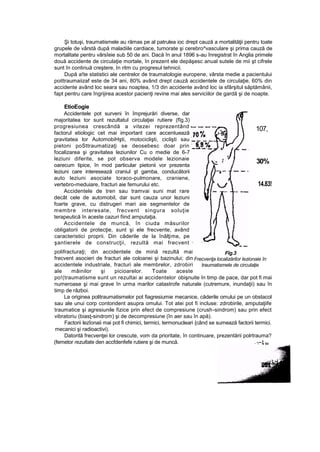 Şi totuşi, traumatismele au rămas pe al patrulea ioc drept cauză a mortalităţii pentru toate
grupele de vârstă după maladiile cardiace, tumorate şi cerebro^vasculare şi prima cauză de
mortalitate pentru vârsîeie sub 50 de ani. Dacă în anul 1896 s-au înregistrat în Anglia primele
două accidente de circulaţie mortale, în prezent ele depăşesc anual sutele de mii şt cifrele
sunt în continuă creştere, In ritm cu progresul tehnicii.
După a!te statistici ale centrelor de traumatologie europene, vârsta medie a pacientului
poittraumaiizaf este de 34 ani, 80% având drept cauză accidentele de circulaţie, 60% din
accidente având loc seara sau noaptea, 1/3 din accidente având loc ia sfârşitul săptămânii,
fapt pentru care îngrijirea acestor pacienţi revine mai ales serviciilor de gardă şi de noapte.
EtioEogie
Accidentele pot surveni în împrejurări diverse, dar
majoritatea tor sunt rezultatul circulaţiei rutiere (fîg.3)
progresiunea crescândă a vitezei reprezentând
factorul etiologic cet mai important care accentuează
gravitatea lor AutomobiHşti, motociclişti, ciclişti sau
pietoni poSttraumatizaţi se deosebesc doar prin
focalizarea şi gravitatea leziunilor Cu o medie de 6-7
leziuni diferite, se pot observa modele lezionaie
oarecum tipice, în mod particular pietonii vor prezenta
leziuni care interesează craniul şt gamba, conducătorii
auto leziuni asociate toraco-pulmonare, craniene,
vertebro-meduiare, fracturi aie femurului etc.
Accidentele de tren sau tramvai suni mat rare
decât cele de automobil, dar sunt cauza unor leziuni
foarte grave, cu distrugeri mari aie segmentelor de
membre interesate, frecvent singura soluţie
terapeutică în aceste cazuri fiind arnputaţia.
Accidentele de muncă, în ciuda măsurilor
obligatorii de protecţie, sunt şi ele frecvente, având
caracteristici proprii. Din căderile de la înălţime, pe
şantierele de construcţii, rezultă mai frecvent
polifracturaţi; din accidentele de mină rezultă mai
frecvent asocieri de fracturi ale coloanei şi bazinului; din
accidentele industriale, fracturi ale membrelor, zdrobiri
ale mâinilor şi picioarelor. Toate aceste
po!(traumatisme sunt un rezultai ai accidentelor obişnuite în timp de pace, dar pot fi mai
numeroase şi mai grave în urma marilor catastrofe naturale (cutremure, inundaţii) sau în
timp de război.
La originea politraumatismelor pot fiagresiumie mecanice, căderile omului pe un obstacol
sau ale unui corp contondent asupra omului. Tot atei pot fi incluse: zdrobirile, amputaţiife
traumatice şi agresiunile fizice prin efect de compresiune (crush-sindrom) sau prin efect
vibratoriu (biasţ-sindrom) şi de decompresiune (în aer sau în apă).
Factorii lezîonaii mai pot fi chimici, termici, termonucleari {când se sumează factorii termici.
mecanici şi radioactivi).
Datorită frecvenţei lor crescute, vom da prioritate, în continuare, prezentării polrtrauma?
(femetor rezultate den accfdenfefe rutiere şi de muncă. .-,--.ţ,(sa
107,
30%
14.83!
Fîg.3
Frecvenţa localizărilor lezionaie în
traumatismele de circulaţie
 