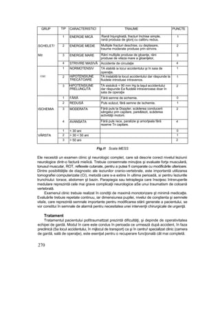 GRUP TIP CARACTERISTIC! TRAUME PUNCTE
1 ENERGIE MICĂ Rană înjunghiată, fracturi închise simple,
rană produsa de glonţ cu calibru redus.
1
SCHELET/ 2 ENERGIE MEDIE Multiple fracturi deschise, cu deplasare,
traume moderate produse prin strivire.
2
Md 3 ENERGIE MARE Răni multiple produse de gloanţe, răni
produse de viteza mare a gloanţelor,
3
4 STRIVIRE MASIVĂ Accidente de circulaţie 4
1 NORMOTENSIV TA stabilă ia locui accidentului şi în saia de
operaţie.
1
CQC 2 HiPOTENSIUNE
TRECĂTOARE
TA instabilă la locut accidentului dar răspunde la
fluidele introduse intravenos.
1
3 HiPOTENSIUNE
PRELUNGJTĂ
TA sistolică < 90 mm Hg la laşul accidentului
dar răspunde Ea fluidele intravenoase doar în
sala de operaţie
2
1 FĂRĂ Fără semne de sichemie. 0
2 REDUSĂ Puls scăzut, fără semne de ischemie. 1
ISCHEMIA 3 MODERATA Fără puls ta Doppler. scăderea conducerii
sângelui prin capilare, pare&tezii, scăderea
activităţii motorii.
2
4 AVANSATA Fără puls rece, paralizie şi amorţeala fără
rezerve Tn capilare.
4
1 < 30 ani 0
VÂRSTA 2 > 30 < 50 ani 1
3 > 50 ani 2
Fig.i1 Scala MESS
Ele necesită un examen clinic şl neurologic complet, care să descrie corect nivelul leziunii
neurologice dintr-o factură mieîică. Trebuie consemnate minuţios şi evaluate forţa musculară,
tonusul muscutar, ROT, reflexele cutanate, pentru a putea fi comparate cu modificările ulterioare.
Dintre posibilităţile de diagnostic ale ieziunilor cranio-vertebrale, este importantă utilizarea
tomografiei computerizate (CI), metodă care s-a extins în ultima perioadă, si pentru îeziuntle
trunchiului: torace, abdomen şt bazin. Parapiegia sau tetraplegia care însoţesc întreruperile
medulare reprezintă cele mai grave complicaţii neurologice aSe unui traumatism de coloană
vertebrală.
Examenul clinic trebuie realizat în condiţii de maximă monotorizare şt minimă medicaţte.
Evaluările trebuie repetate continuu, iar dimensiunea pupilei, nivelui de conştienta şi semnele
vitaîe, care reprezintă semnale importante pentru modificarea stării generate a pacientului, se
vor constitui în semnale de alarmă pentru necesitatea unei intervenţii chirurgicale de urgenţă.
Tratament
Tratamentul pacientului polîtraumattzat prezintă dificultăţi, şi depinde de operativitatea
echipei de gardă. Modul în care este condus în perioada ce urmează după accident, în faza
preclinică (Sa locul accidentului, în mijlocul de transport) ca şi în centru! specializat clinic (camera
de gardă, sală de operaţie), este esenţial pentru o recuperare funcţională cât mai completă.
270
 