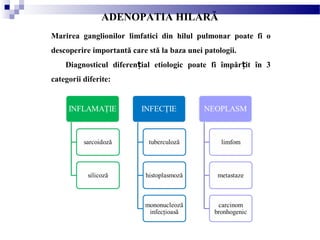 ADENOPATIA HILARĂ
Marirea ganglionilor limfatici din hilul pulmonar poate fi o
descoperire importantă care stă la baza unei patologii.
Diagnosticul diferen ial etiologic poate fi împăr it în 3ț ț
categorii diferite:
 
