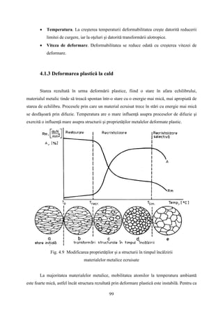 • Temperatura. La creşterea temperaturii deformabilitatea creşte datorită reducerii
limitei de curgere, iar la oţeluri şi datorită transformării alotropice.
• Viteza de deformare. Deformabilitatea se reduce odată cu creşterea vitezei de
deformare.
4.1.3 Deformarea plastică la cald
Starea rezultată în urma deformării plastice, fiind o stare în afara echilibrului,
materialul metalic tinde să treacă spontan într-o stare cu o energie mai mică, mai apropiată de
starea de echilibru. Procesele prin care un material ecruisat trece în stări cu energie mai mică
se desfăşoară prin difuzie. Temperatura are o mare influenţă asupra proceselor de difuzie şi
exercită o influenţă mare asupra structurii şi proprietăţilor metalelor deformate plastic.
Fig. 4.9 Modificarea proprietăţilor şi a structurii în timpul încălzirii
materialelor metalice ecruisate
La majoritatea materialelor metalice, mobilitatea atomilor la temperatura ambiantă
este foarte mică, astfel încât structura rezultată prin deformare plastică este instabilă. Pentru ca
99
 