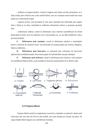 - trefilarea şi tragerea barelor; constă în tragerea unei sârme sau bare prismatice, cu o
forţă axială, prin orificiul unei scule numită filieră, care are secţiunea transversală mai mică
decât cea a materialului iniţial.
- tragerea ţevilor; este procedeul în care ţeava laminată este deformată prin tragere
între o filieră şi un dorn, realizându-se calibrarea diametrului interior şi grosimea peretelui
ţevii.
- ambutisarea adâncă; constă în deformarea unui material (semifabricat) de formă
plană până la forma cavă sau mărimea cavă a unui produs cav, cu sau fără modificare voită a
grosimii pereţilor.
C. Deformarea prin tracţiune, constă în deformarea plastică a materialului
printr-o solicitare de tracţiune mono- sau poliaxială. În această grupă sunt incluse, alungirea,
lăţirea şi adâncirea. .
D. Deformarea prin încovoiere, se realizează prin solicitarea de încovoiere
aplicată unui semifabricat plan. Încovoierea poate fii realizată liber sau prin matriţare
E. Deformare prin forfecare constă în deformarea prin răsucire a unei porţiuni
de semifabricat faţă de altele, ca de exemplu la răsucirea manetoanelor de la arborii cotiţi.
4.3 Forjarea liberă
Forjarea liberă constă în comprimarea succesivă a metalului cu ajutorul a două scule
(nicovale), din care una este fixă iar alta mobilă, care sunt montate pe ciocane sau prese. Se
supun forjării libere lingouri sau semifabricate laminate.
105
 