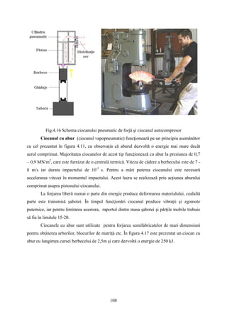 Fig.4.16 Schema ciocanului pneumatic de forjă şi ciocanul autocompresor
Ciocanul cu abur (ciocanul vapopneumatic) funcţionează pe un principiu asemănător
cu cel prezentat în figura 4.11, cu observaţia că aburul dezvoltă o energie mai mare decât
aerul comprimat. Majoritatea ciocanelor de acest tip funcţionează cu abur la presiunea de 0,7
– 0,9 MN/m2
, care este furnizat de o centrală termică. Viteza de cădere a berbecului este de 7 -
8 m/s iar durata impactului de 10-3
s. Pentru a mări puterea ciocanului este necesară
accelerarea vitezei în momentul impactului. Acest lucru se realizează prin acţiunea aburului
comprimat asupra pistonului ciocanului.
La forjarea liberă numai o parte din energie produce deformarea materialului, cealaltă
parte este transmisă șabotei. În timpul funcţionări ciocanul produce vibraţii şi zgomote
puternice, iar pentru limitarea acestora, raportul dintre masa șabotei şi părţile mobile trebuie
să fie în limitele 15-20.
Ciocanele cu abur sunt utilizate pentru forjarea semifabricatelor de mari dimensiuni
pentru obţinerea arborilor, blocurilor de matriţă etc. În figura 4.17 este prezentat un ciocan cu
abur cu lungimea cursei berbecelui de 2,5m şi care dezvoltă o energie de 250 kJ.
108
 